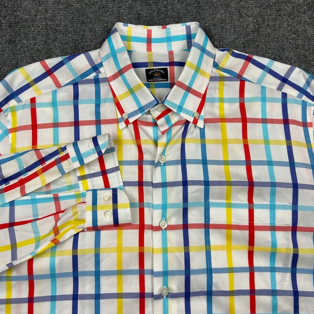Solemare Button Down Shirt Mens L White Multi Color Check Italian Long Sleeve